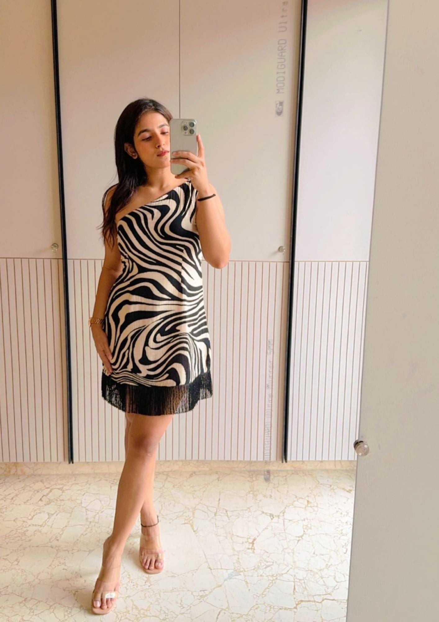 One Shoulder Zebra Print Dress