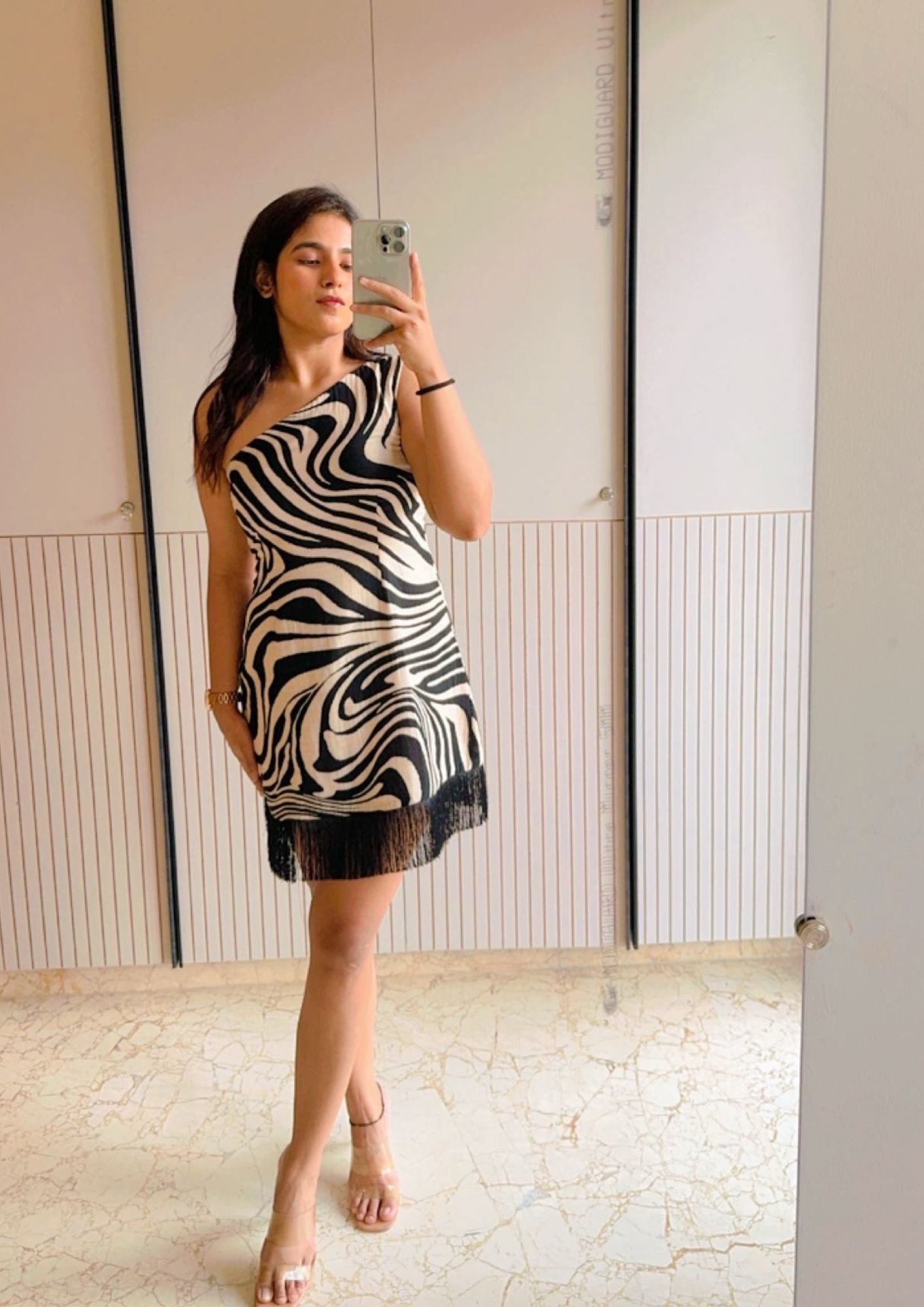One Shoulder Zebra Print Dress
