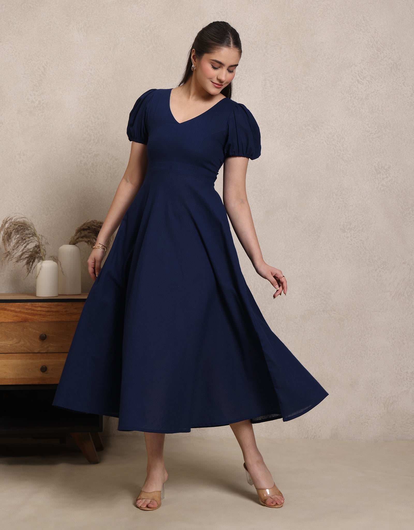 Midnight Blue V-Neck Midi Dress – Studio OJS